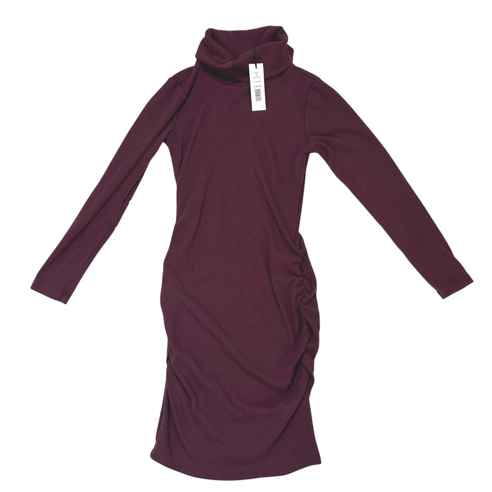 Michael Stars Velma Dress Ultra Rib Auburn Turtleneck Long Sleeve Ruched Midi M
